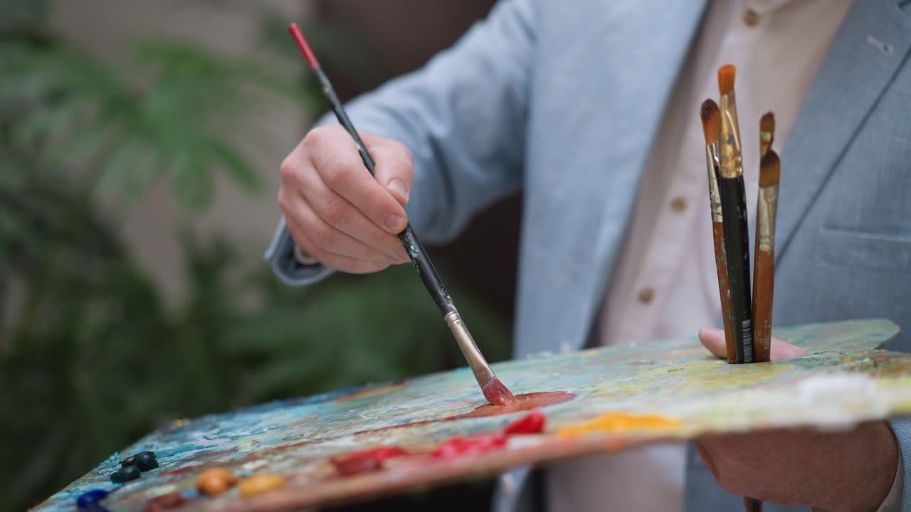 Painter mixes pigments on slab closeup. Inspired designer works with color palette at session in workshop. Professional painter enjoys drawing in studio