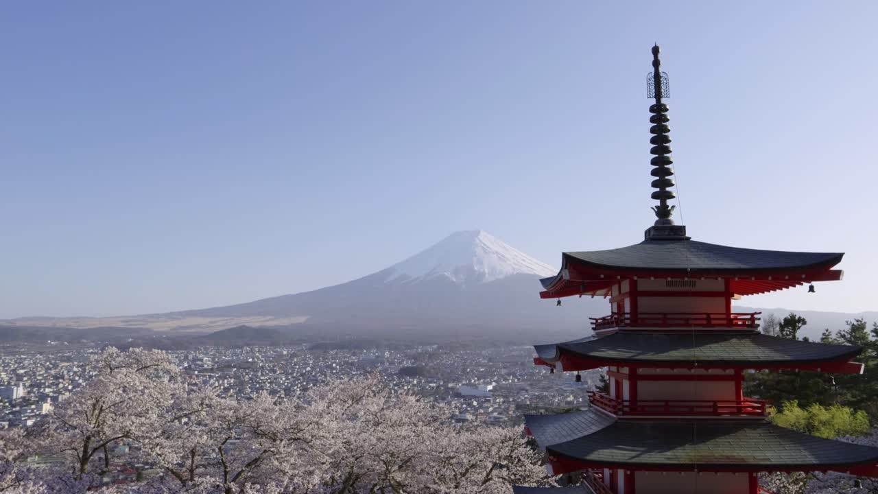 Stunning panorama over Kawaguchiko from Chureito Pagoda with Fuji and Sakura