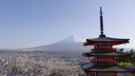 stunning panorama over kawaguchiko from chureito pagoda with fuji and sakura