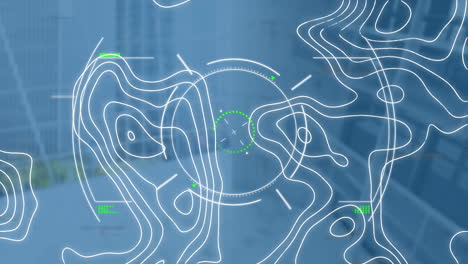 animación de la orientación y isohypses sobre la oficina en segundo plano