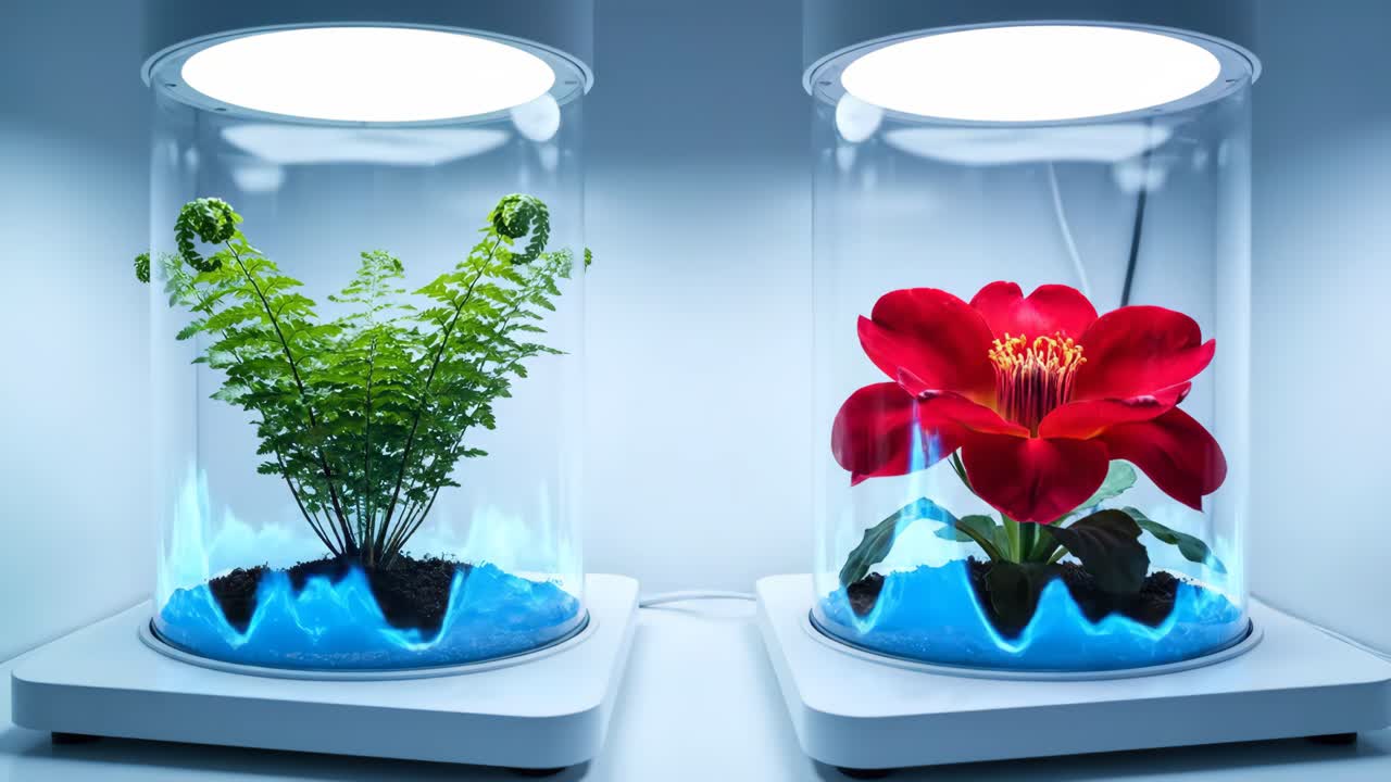 Ferns and Red Flowers in Glass Domes with Grow Lights