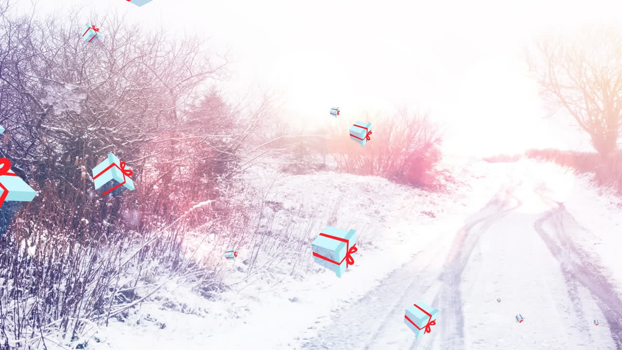 겨울 풍경 위에 떨어지는 눈송이와 크리스마스 선물의 애니메이션