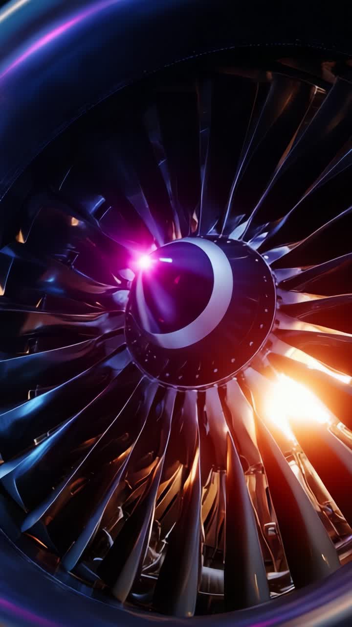 Primo piano accattivante di una turbina di motore a reazione che mette in risalto gli intricati design delle pale e gli effetti di luce radiosa, mostrando le meraviglie dell'ingegneria nel settore dell'aviazione