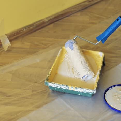 Painter put down roller into paint tray to renovate painting walls. Apartment decorating and home. Construction while renovating and improving. Close-up