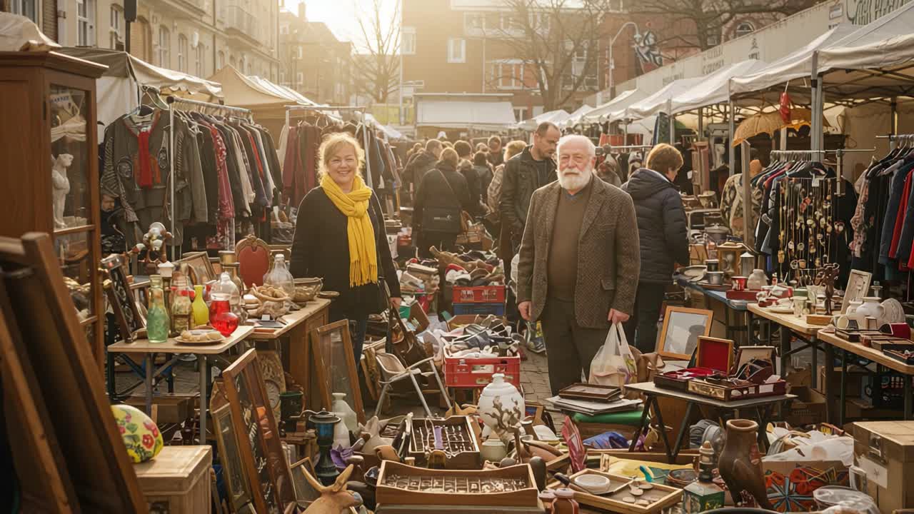 Exploring a Vibrant Outdoor Market: A Dynamic Exchange Amidst Antique Treasures and Vintage Finds Under the Warm Glow of the Sun