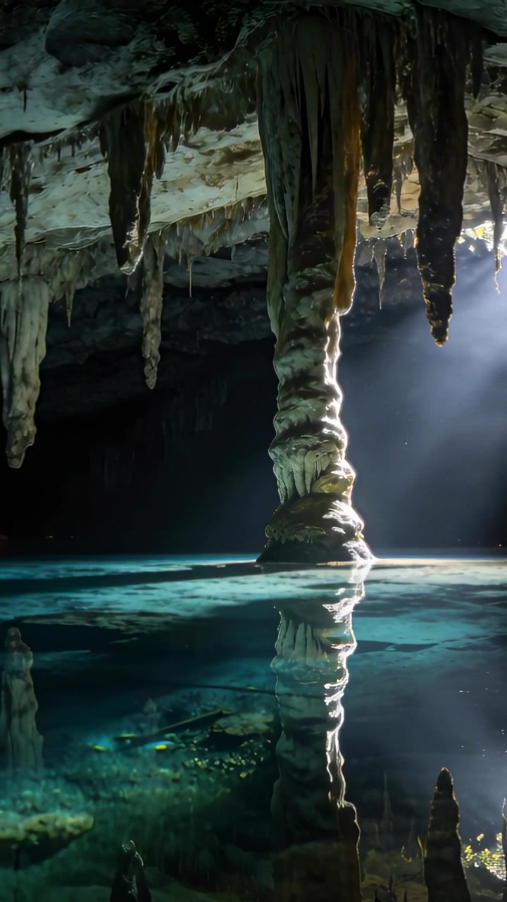 Vertical video: Lighting column via right gap mirroring in cave pool, dark-clothed person watching