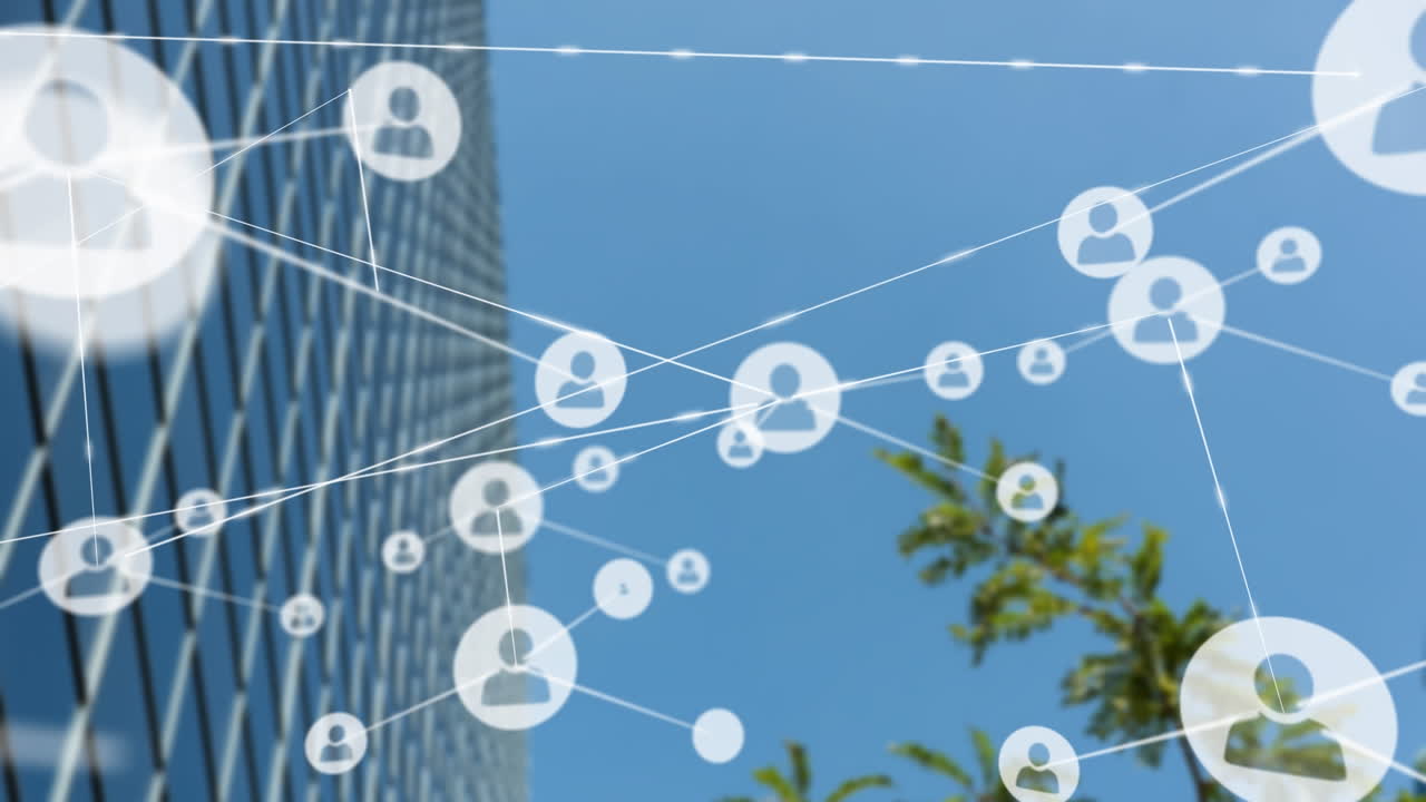 현대적인 사무실 건물 위의 사람들과의 연결 네트워크 아이콘의 애니메이션