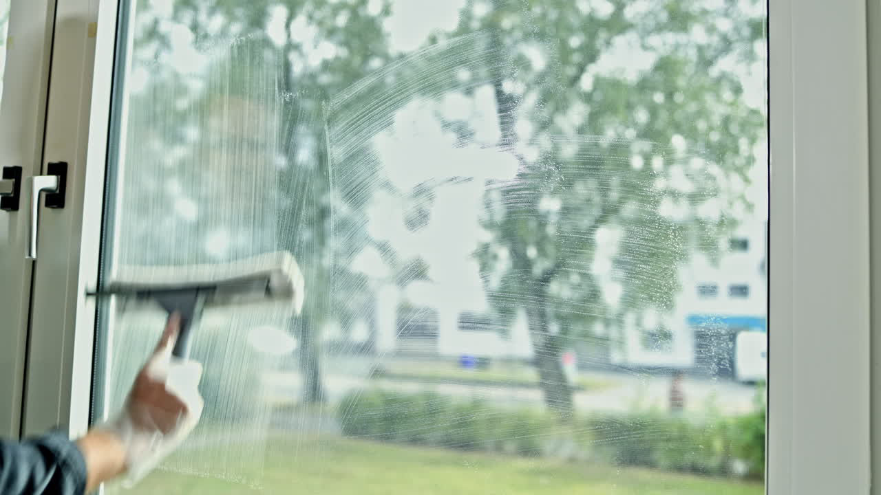 Close-up of a hand with a window mop. A man's hand washes a window with detergent. Professional window washing