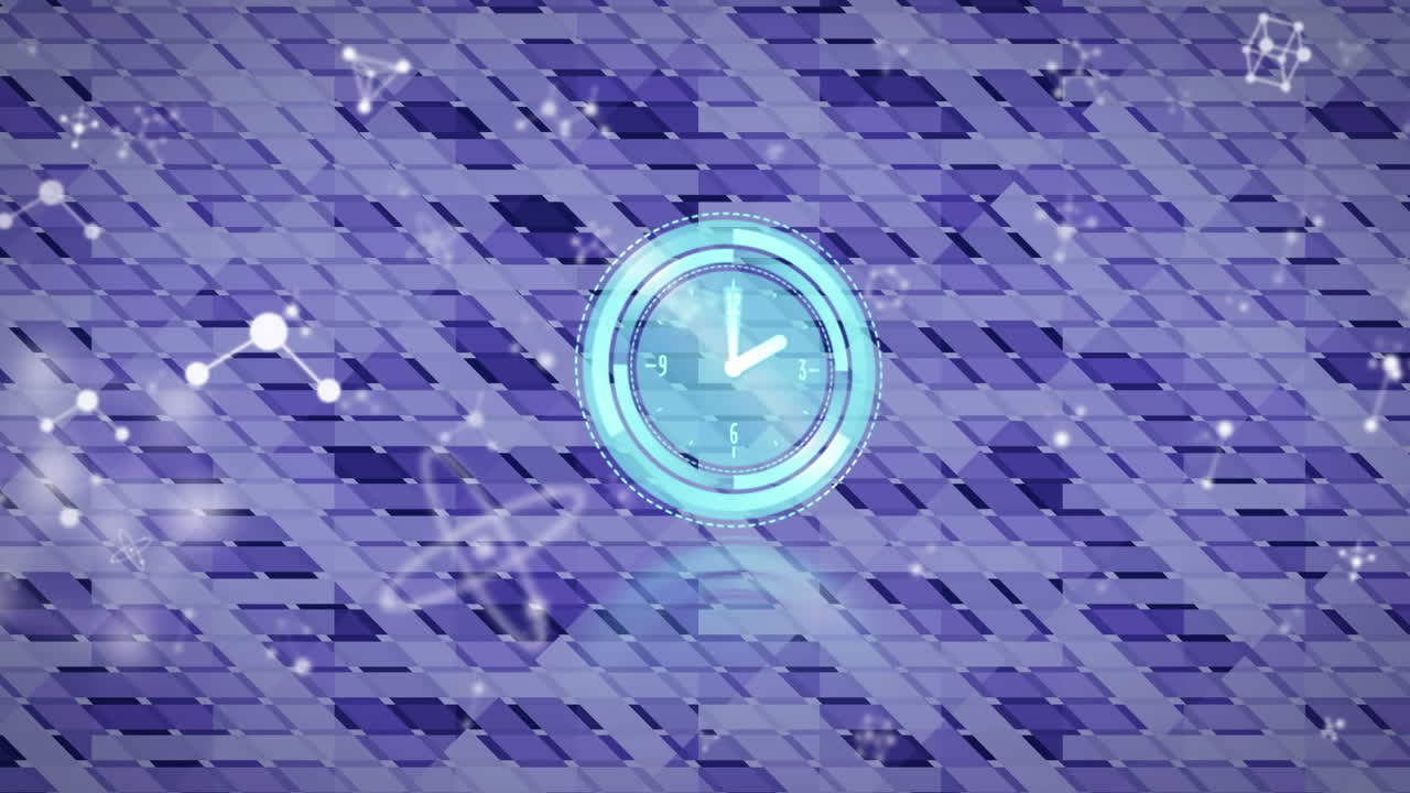animación de reloj moviéndose rápido y moléculas sobre rayas púrpuras