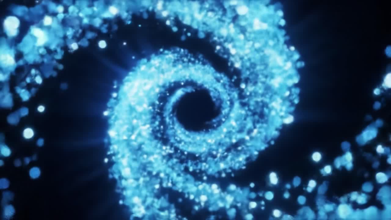A captivating display of swirling blue particles forms a dynamic vortex, creating an immersive and hypnotic visual journey. This cosmic phenomenon showcases stunning movement and depth.