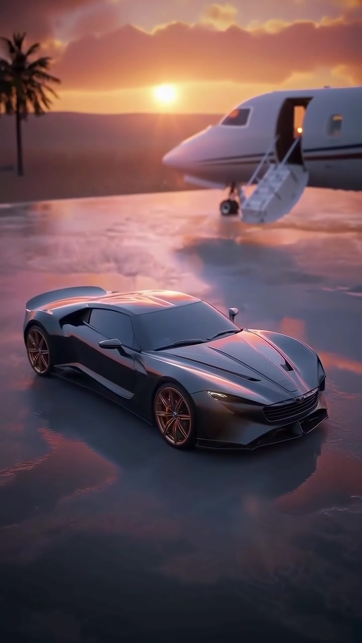 Auto sportiva di lusso parcheggiata vicino a un jet privato al tramonto