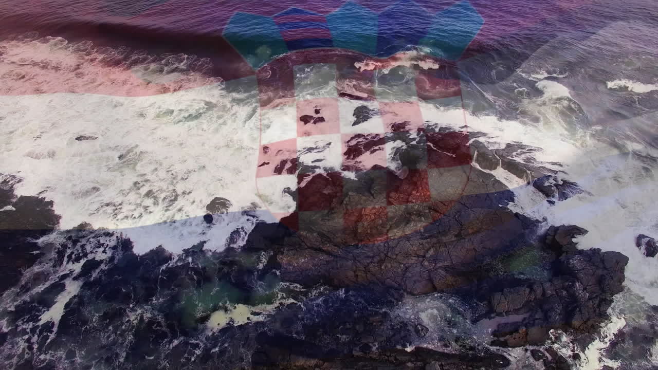 크로아티아  ⁇ 발을 흔들고 있는 디지털 구성과 바다의 파도의 공중 사진