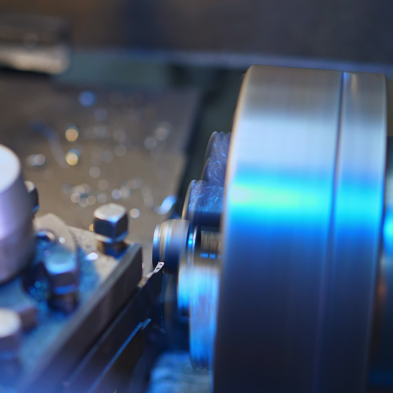 Modern turner working with instrument. New machine stand industry