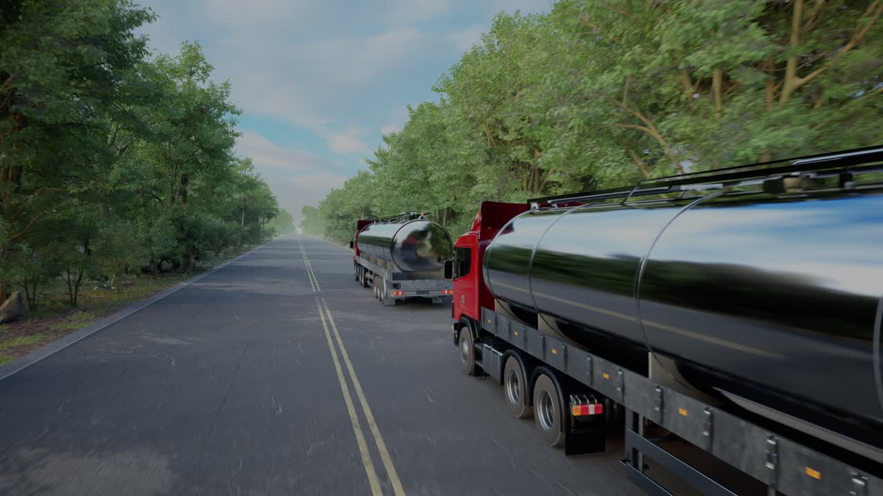 Two Gasoline Tanker Semi Truck On Asphalt Road. Silver Fuel Semi Truck Fast Driving On Straight Freeway In Countryside Dense Forest
