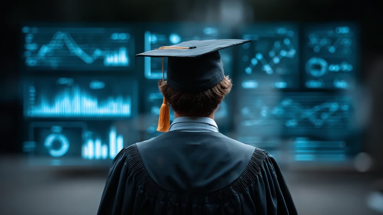A Graduating Student in Cap and Gown Reflects on Academic Achievement Amid Futuristic Data Charts and Analytics Display, Symbolizing Advancement and Future Potential