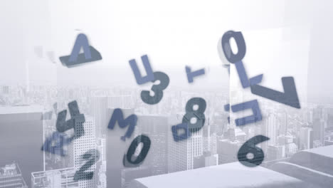 Animation-of-falling-numbers-and-letters-over-cityscape