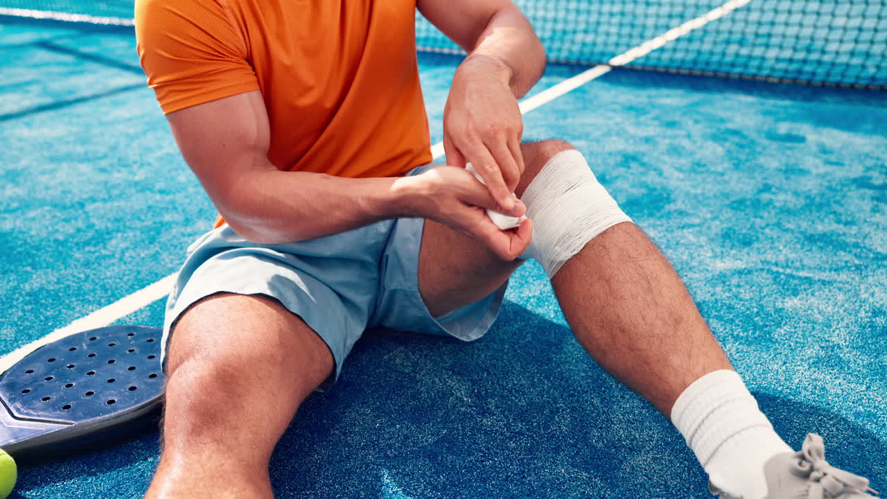 Uomo che si fascia il ginocchio infortunato con una benda su un campo da padel