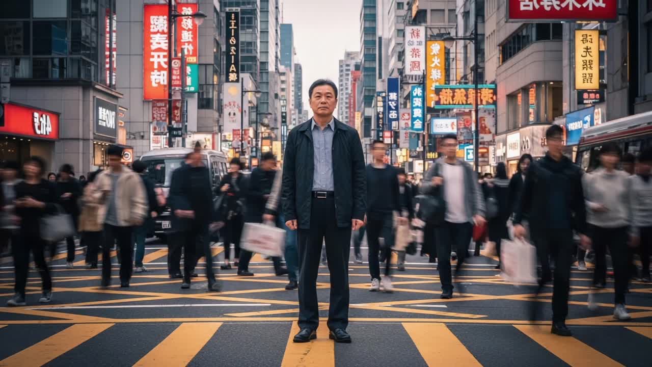 A solitary figure stands confidently at a bustling urban intersection, surrounded by a sea of moving pedestrians, encapsulating the contrast between stillness and the vibrant energy of city life
