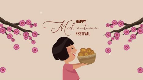 mid autumn festival animation with asian girl walking and trees branches