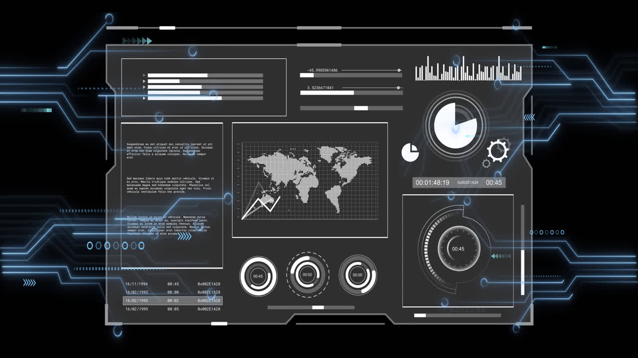 Animation of digital data processing over circuit board on black background