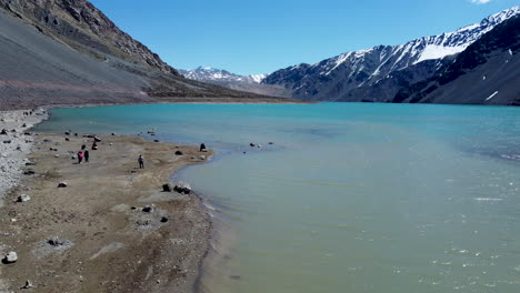 Aerial:-colorful-lagune-shore,-mountains-in-background