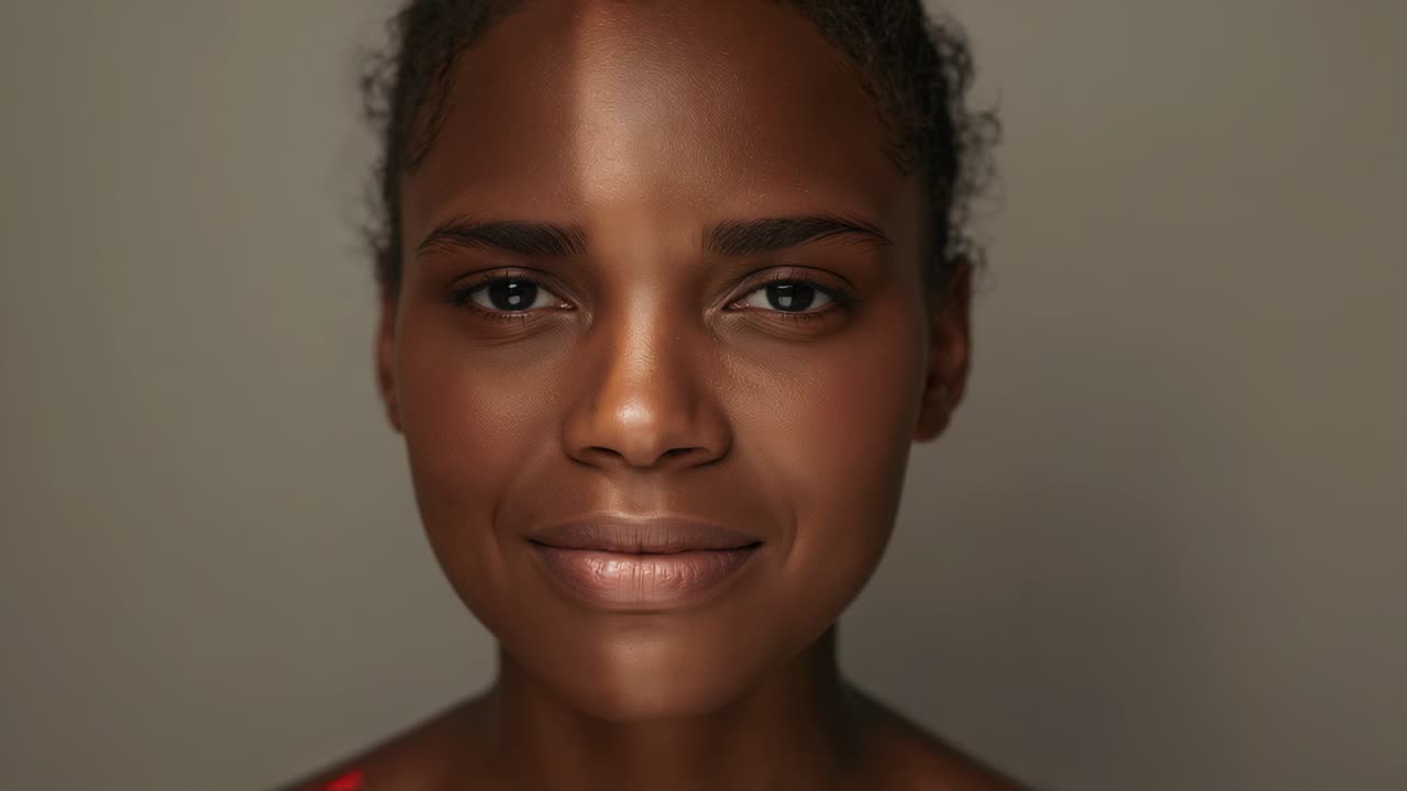Blinking woman posing in studio, opening eyes and smiling with light stripe, red strap