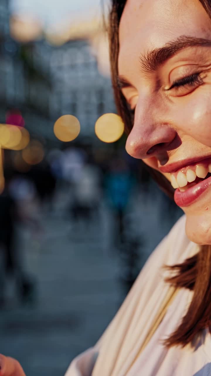 Close-up side profile of a woman in warm evening light, captured at eye level, creating an intimate