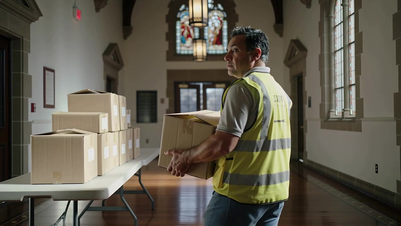 Walking adult male in hi-vis vest carrying box down hall nearing table, stacking boxes for setup