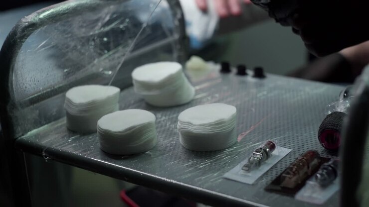 Anonymous tattooist pouring cotton pads with water on table in tattoo salon