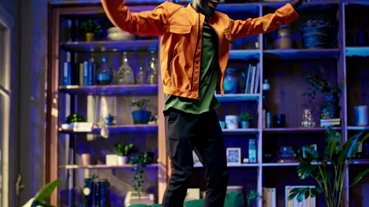 Un uomo allegro balla energicamente in un salotto, indossando le cuffie.