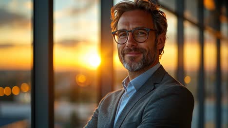 business professional enjoys sunset view in modern office setting