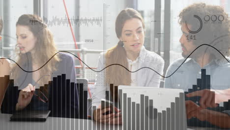 analyzing financial data animation over business people in office meeting