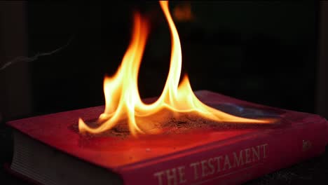 a matchstick ignites fire on a red book cover titled the testament, and a dance of flames can be seen in slow-motion