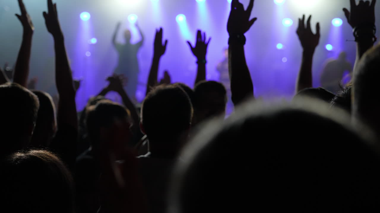 Back view of audience enjoying live performance, clapping and raising hands in excitement, illuminated by stage lights and purple spotlights, creating a vibrant atmosphere
