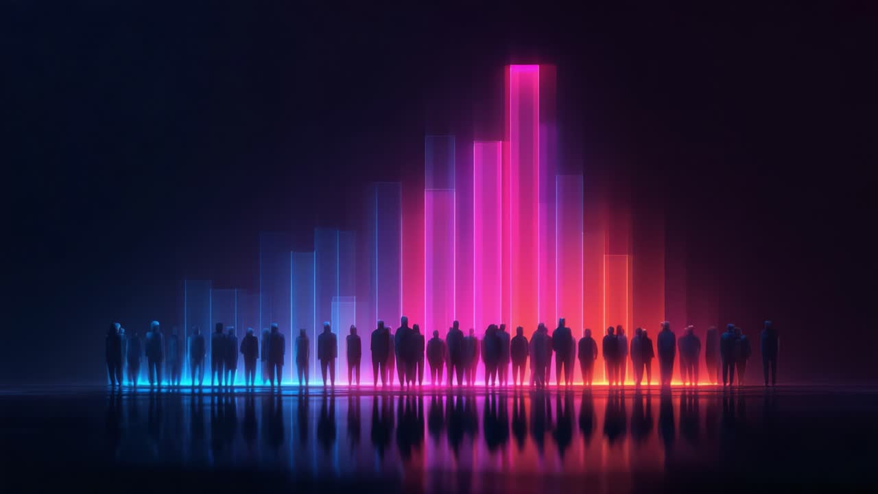 A stunning digital representation of a crowd silhouetted against vibrant, colorful data visualizations, featuring towering pillars of light in varying hues of blue and pink in a darkened environment