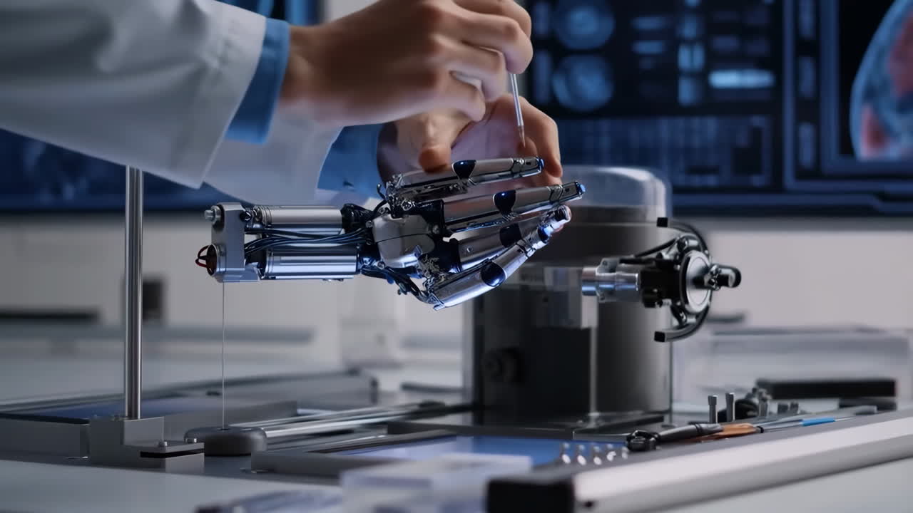 Scientist working on a robotic prosthetic hand in a laboratory