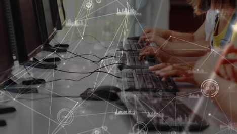 Network of connections and data processing against mid section of students using computer at school