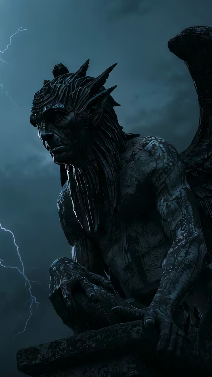 Vertical video: Drifting clouds revealing gothic gargoyle statue under moonlight on rooftop ledge