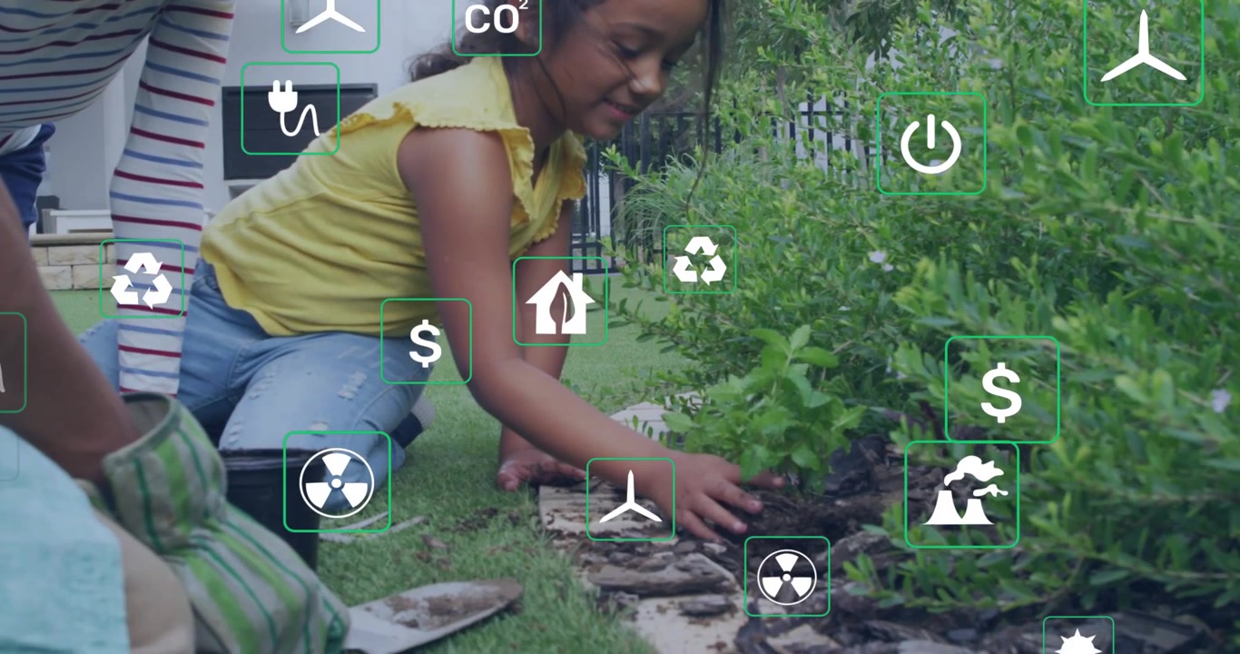 Child planting shrub in yard upon adult cue for learning, tamping mulch while eco icons floating