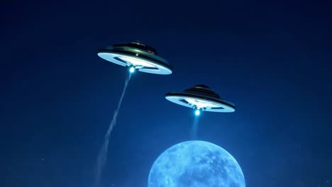 two ufos flying over a blue moon in a dark sky