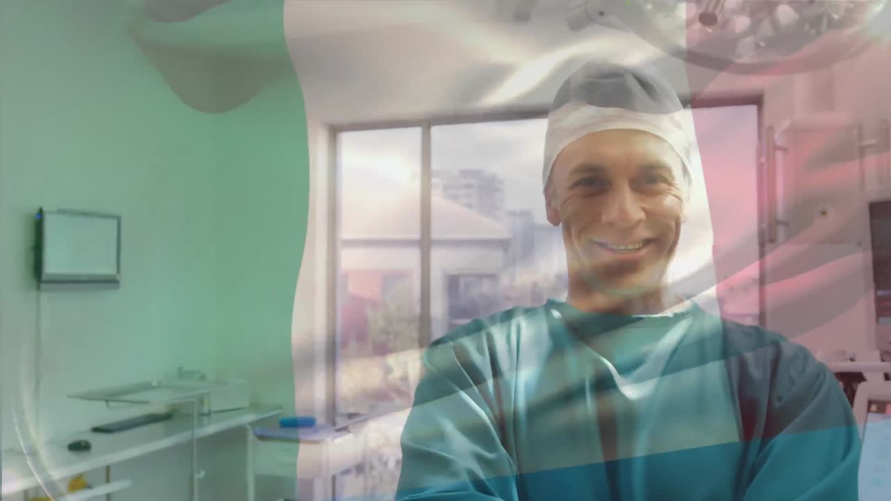 animación de la bandera de italia ondeando sobre los cirujanos en el quirófano