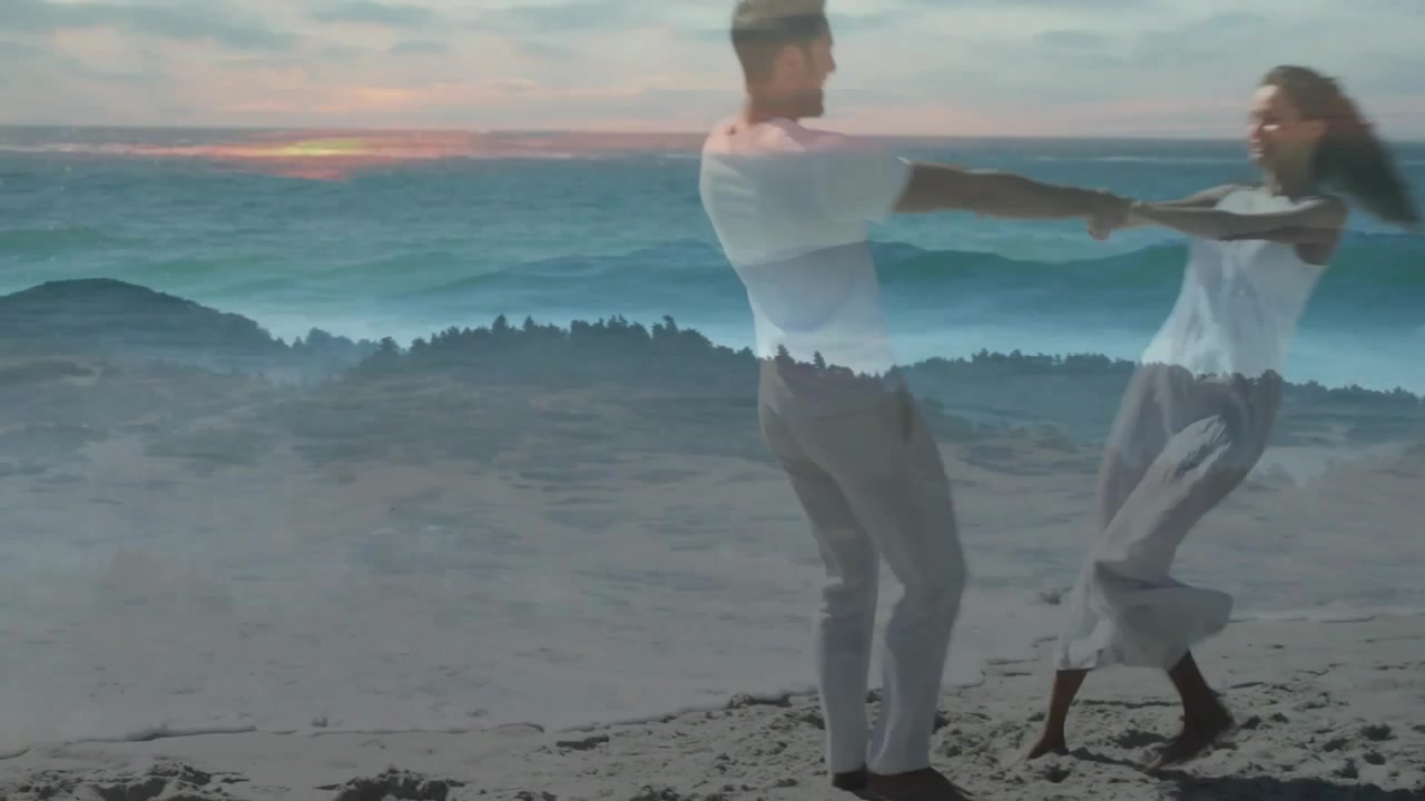 Man and woman taking hands, spinning right across sand for romance, woman leaving as coast doubling