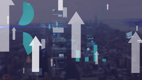 animación del procesamiento de datos financieros y flechas sobre el paisaje urbano