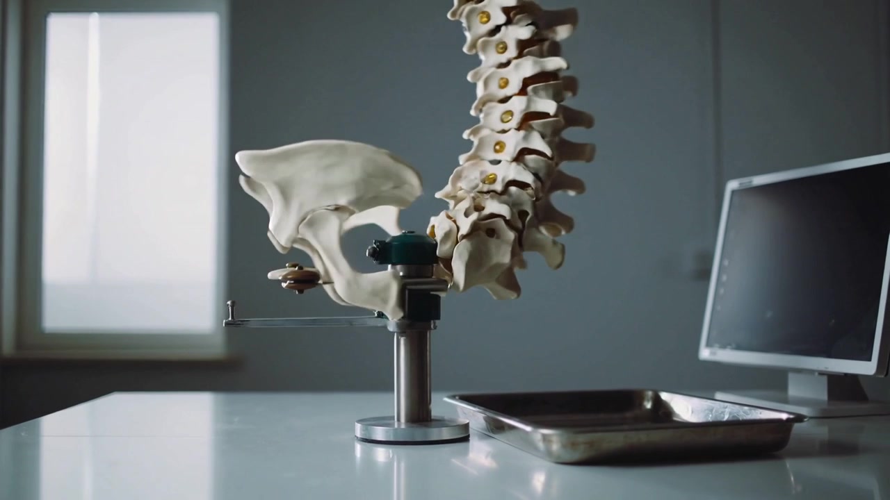Adjusting clamp rotating life-size spine-pelvis pivoting in clinic, showing yellow disc markers
