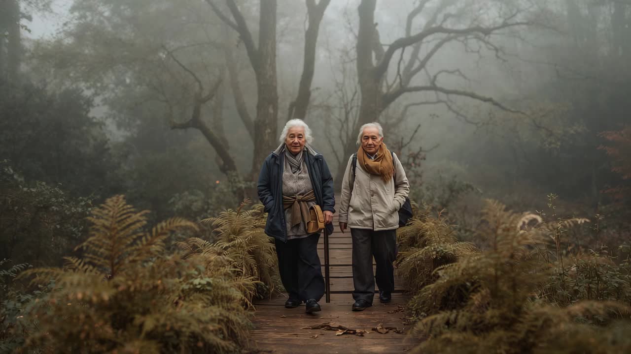 Walking two senior women starting walk on boardwalk for support, carrying cane, wearing scarves