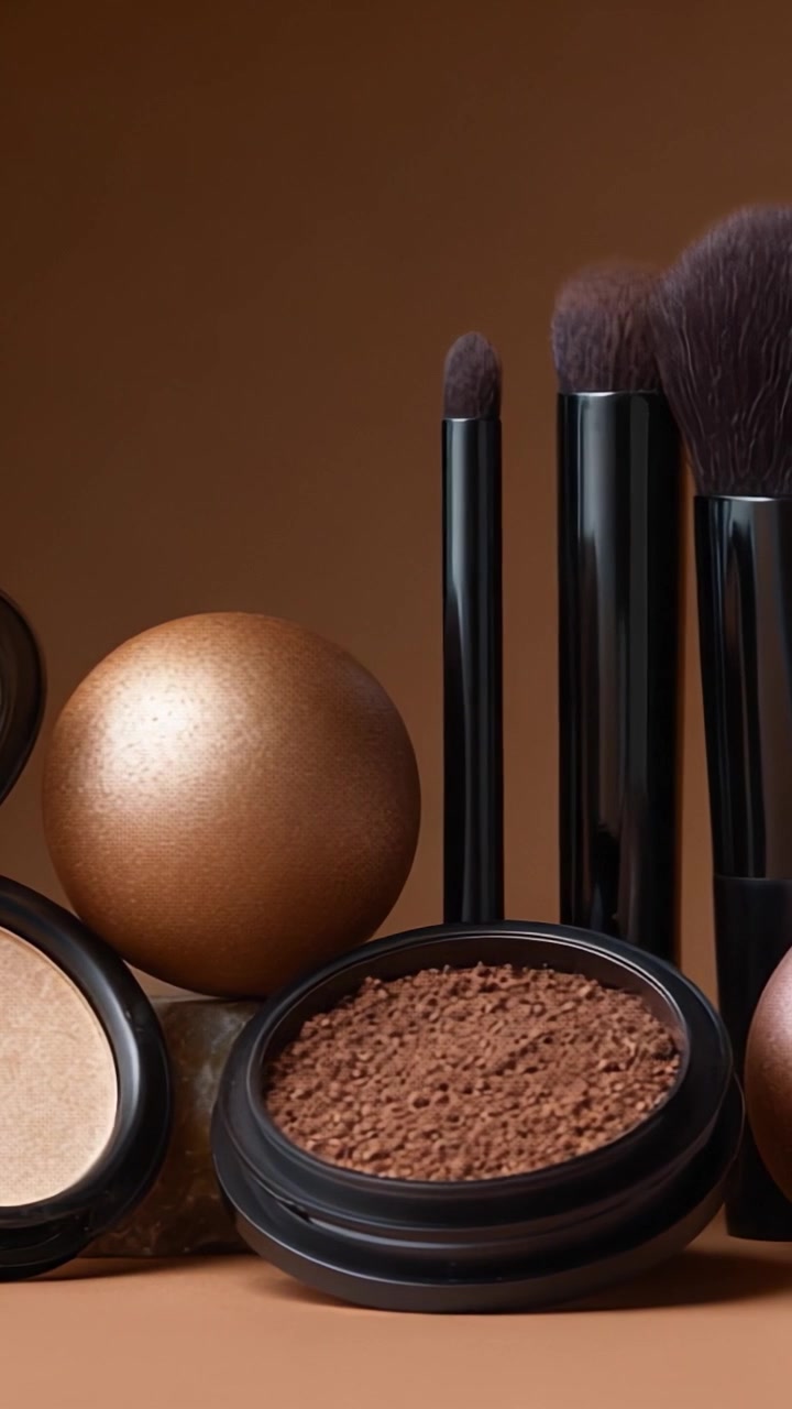 Glamorous Beauty Collection Featuring Elegant Makeup Compacts, Brushes, and Shimmering Balls on a Stylish Background for the Perfect Cosmetic Experience