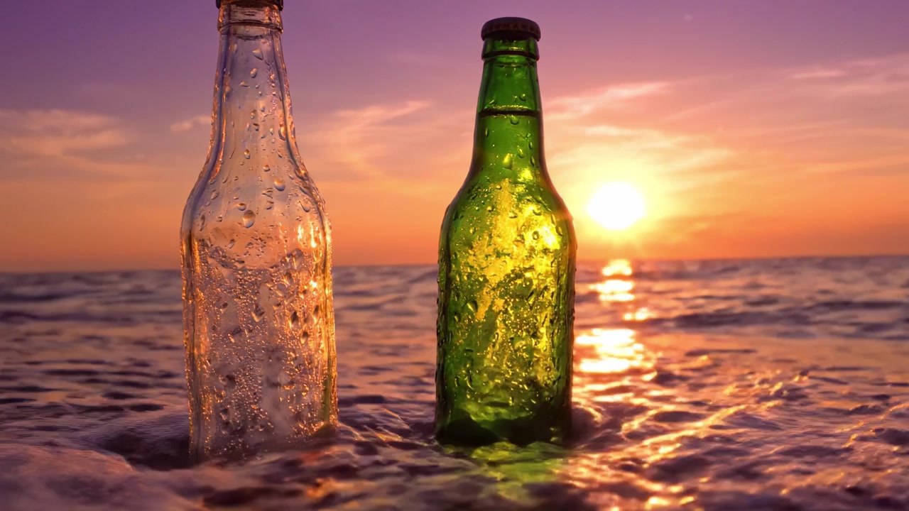 Atardecer en la Orilla: Dos Botellas Brillando con Reflejos en una Hermosa Playa Mientras las Olas Acarician Suavemente la Arena Bajo un Cielo Vívido.