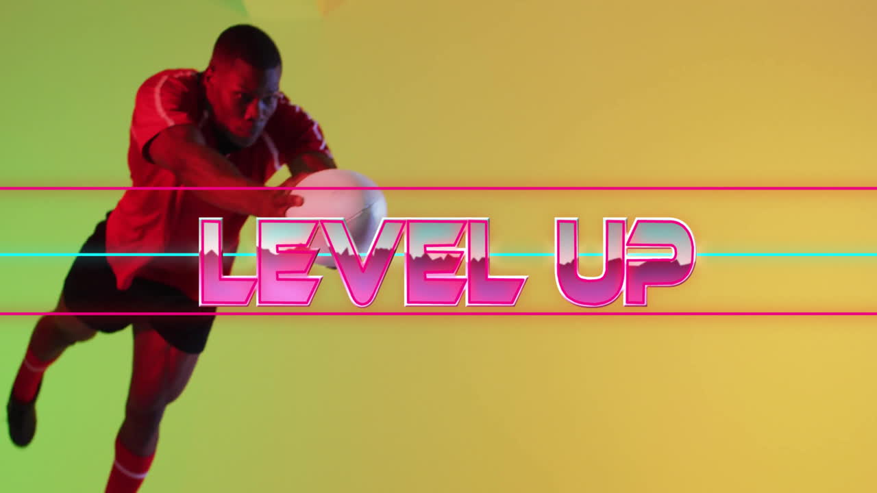 Animation of level up text over neon pattern african american rugby player