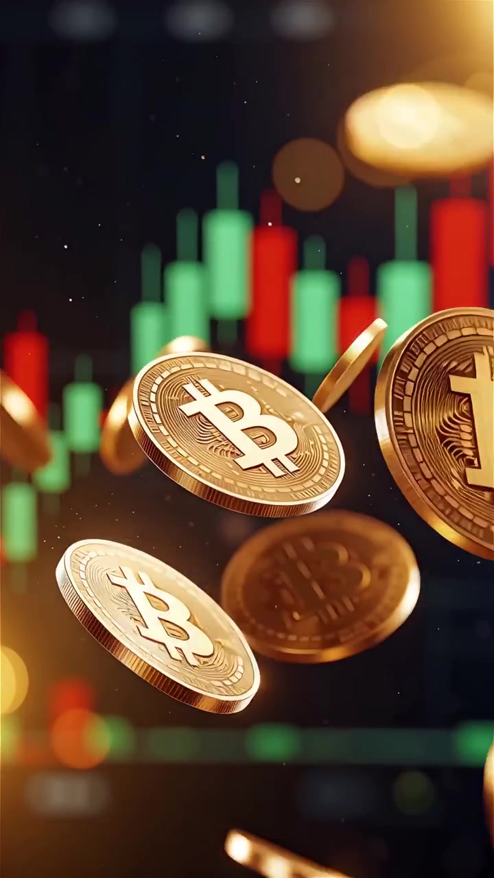 Moedas de Bitcoin douradas com fundo de gráfico de velas desfocado 4K