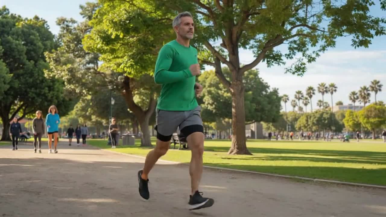 Uomo maturo che corre su un sentiero in un parco soleggiato